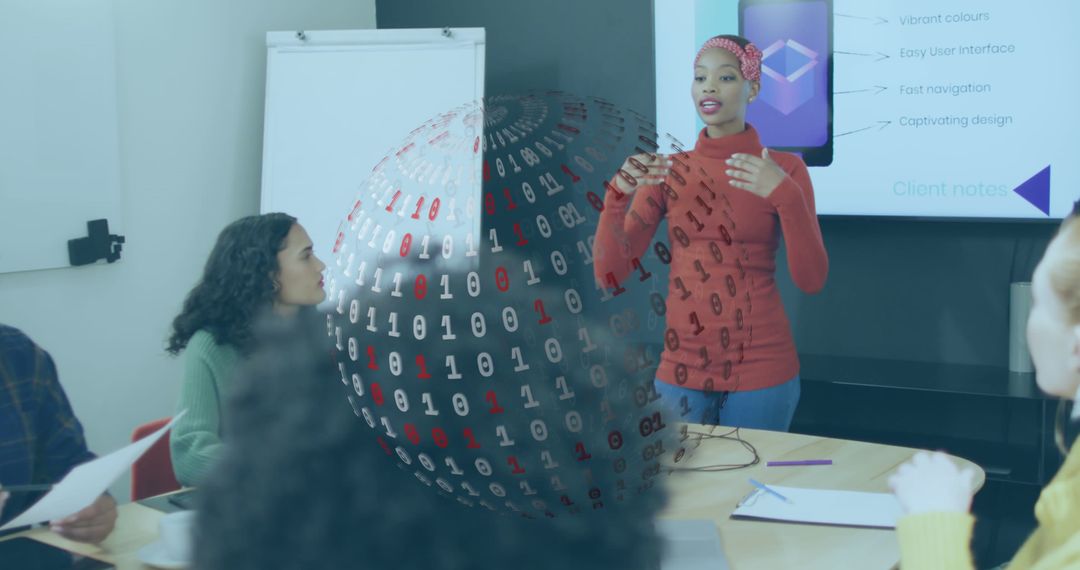 Businesswoman Explaining Digital Interface with Holographic Data Sphere in Meeting Room - Free Images, Stock Photos and Pictures on Pikwizard.com