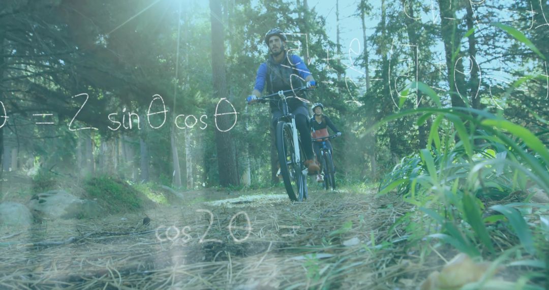 Riding male cyclist on forest singletrack with chalk math equations overlay and sunbeams