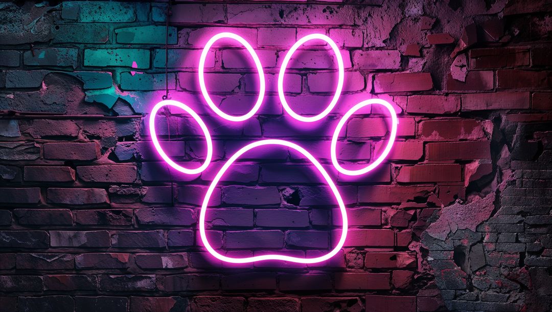 Neon Paw Print on Vivid Brick Wall