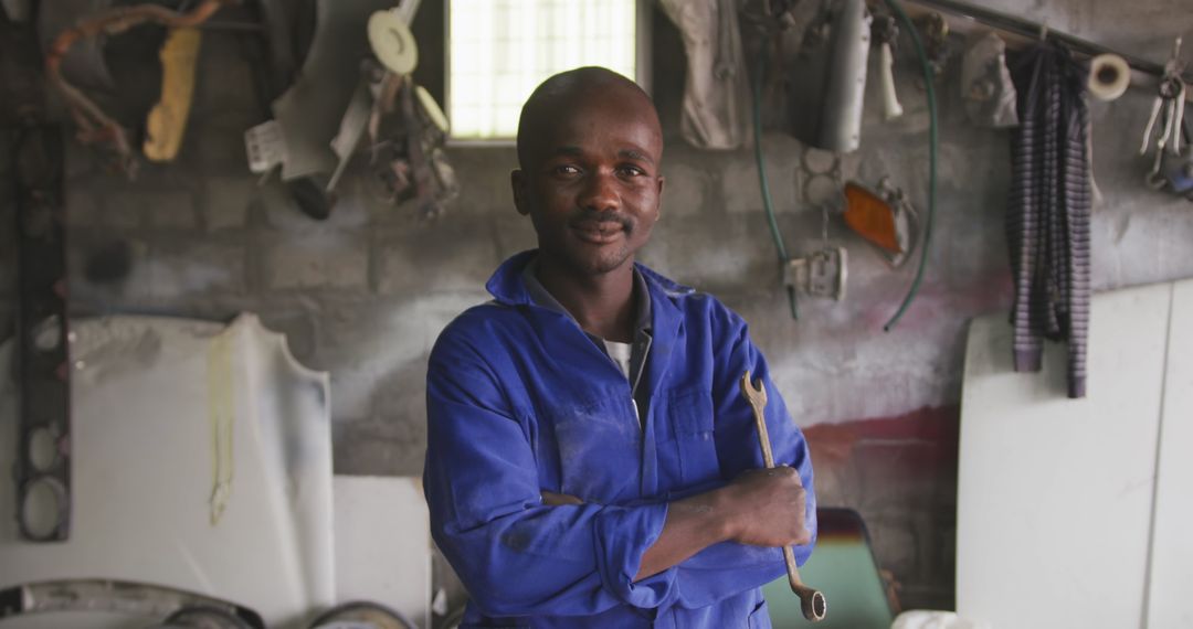 Smiling Mechanic in Workshop Holding Wrench