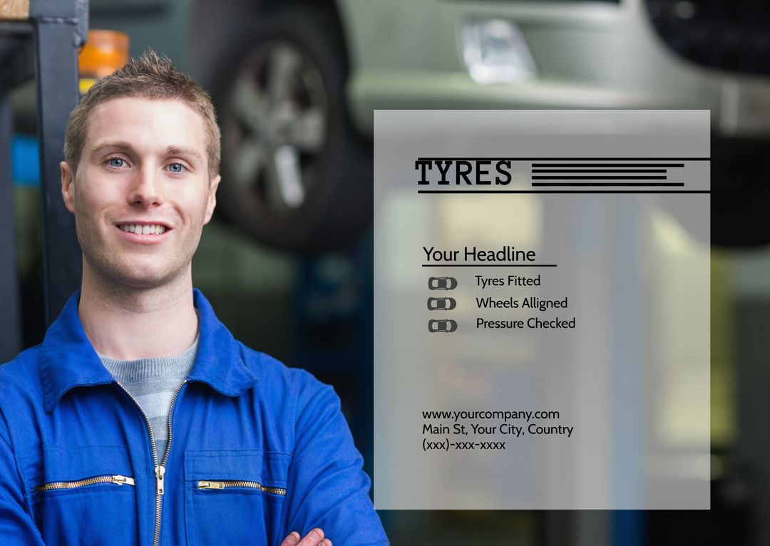 Confident Mechanic Promoting Tire Services in Modern Repair Shop - Download  Free Template from Pikwizard