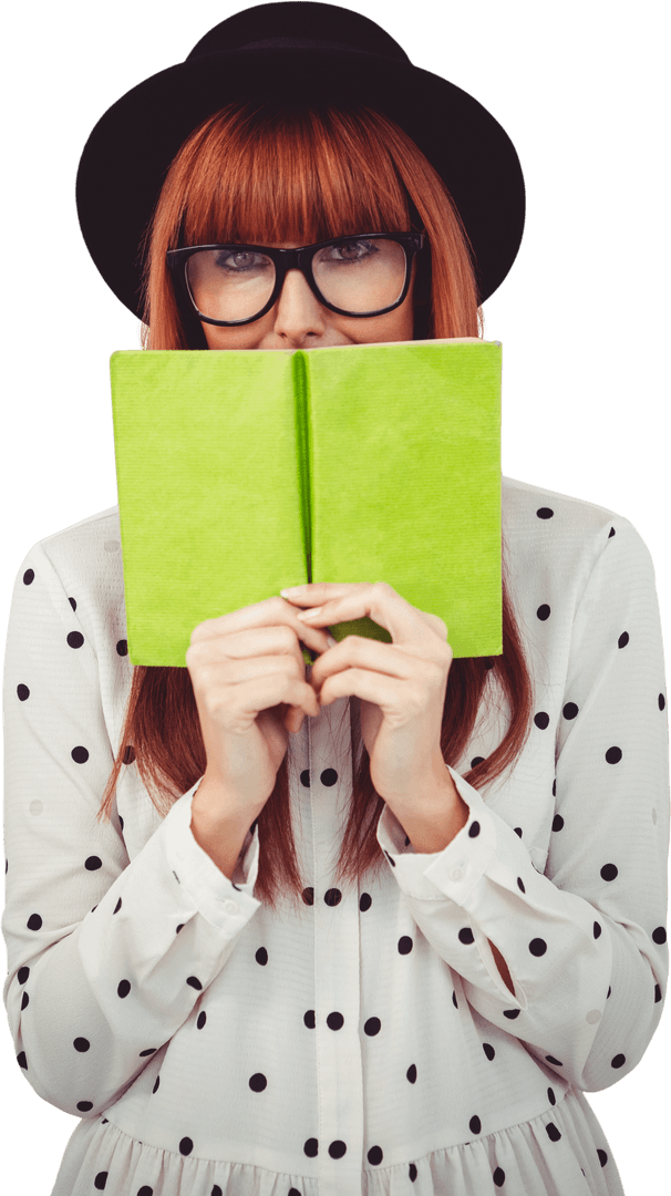 Transparent Hipster Woman Hiding Behind Bright Green Book