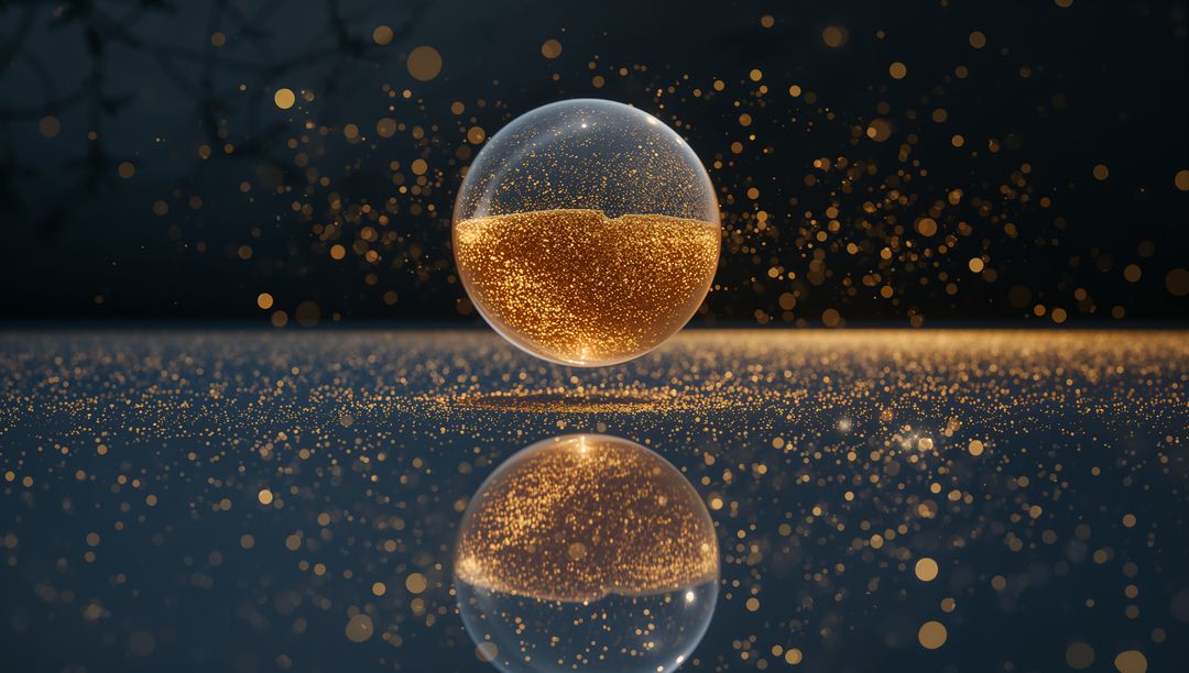 Floating glass orb holding glowing gold particles reflecting on mirror table with glitter bokeh