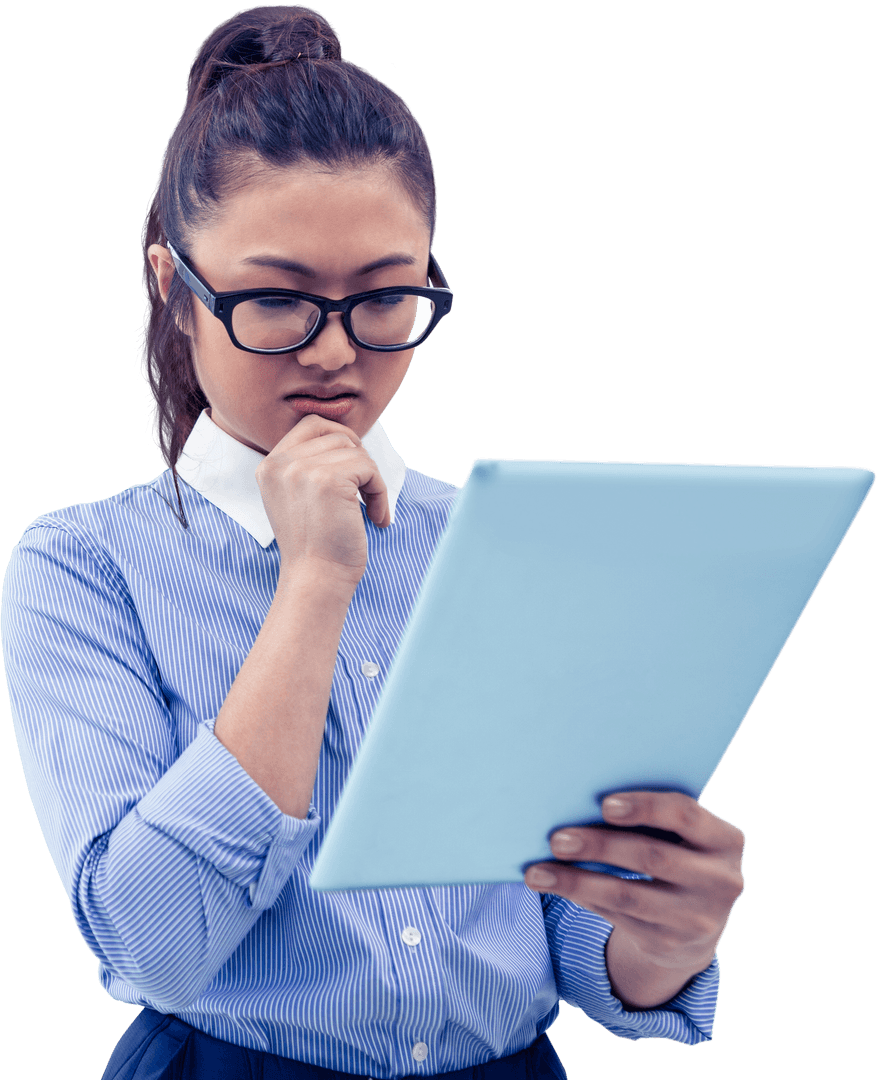 Focused Asian Businesswoman Using Transparent Tablet Organizer