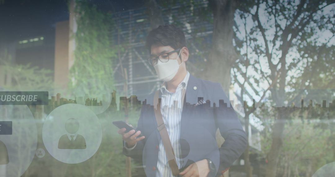 Businessman in Mask Using Smartphone with Digital Overlay of Icons
