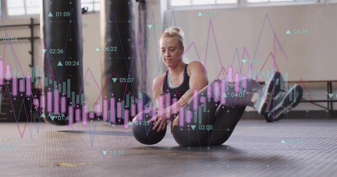 Female Athlete Performing Core Exercise with Data Analysis Overlay