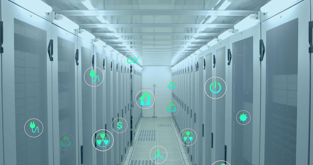 Futuristic Digital Icons Over Modern Server Room