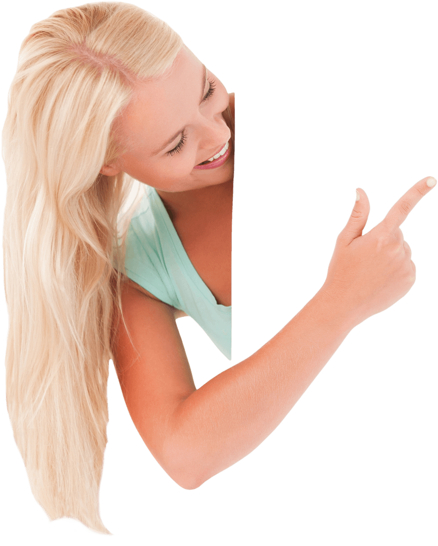 Transparent Cheerful Woman Showing Blank Space with Finger