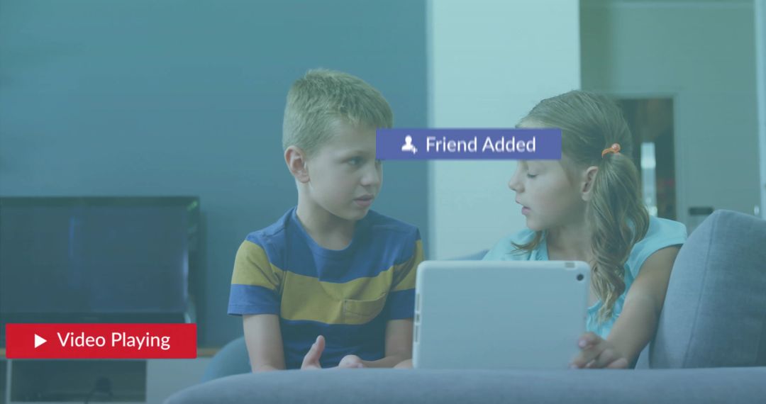 Children Sharing Tablet Collaborating in Living Room Environment