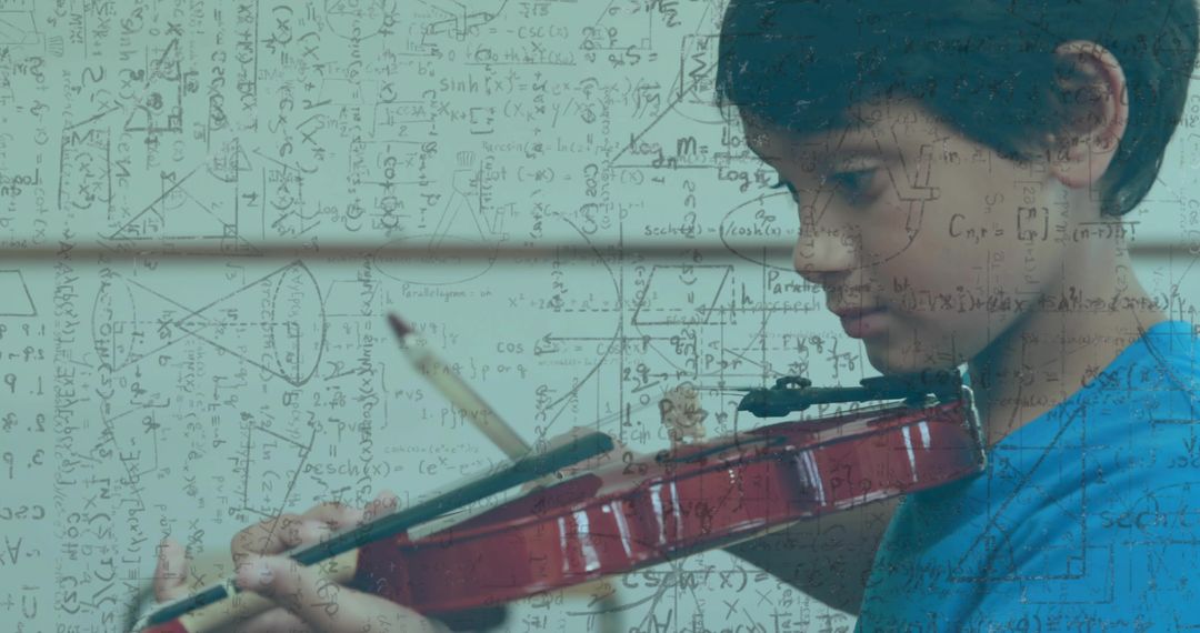 Young Violinist Practicing in front of Mathematical Equations