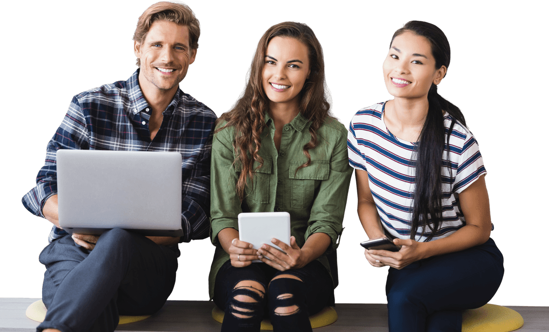 Diverse Professionals Collaborating with Technology on Transparent Background