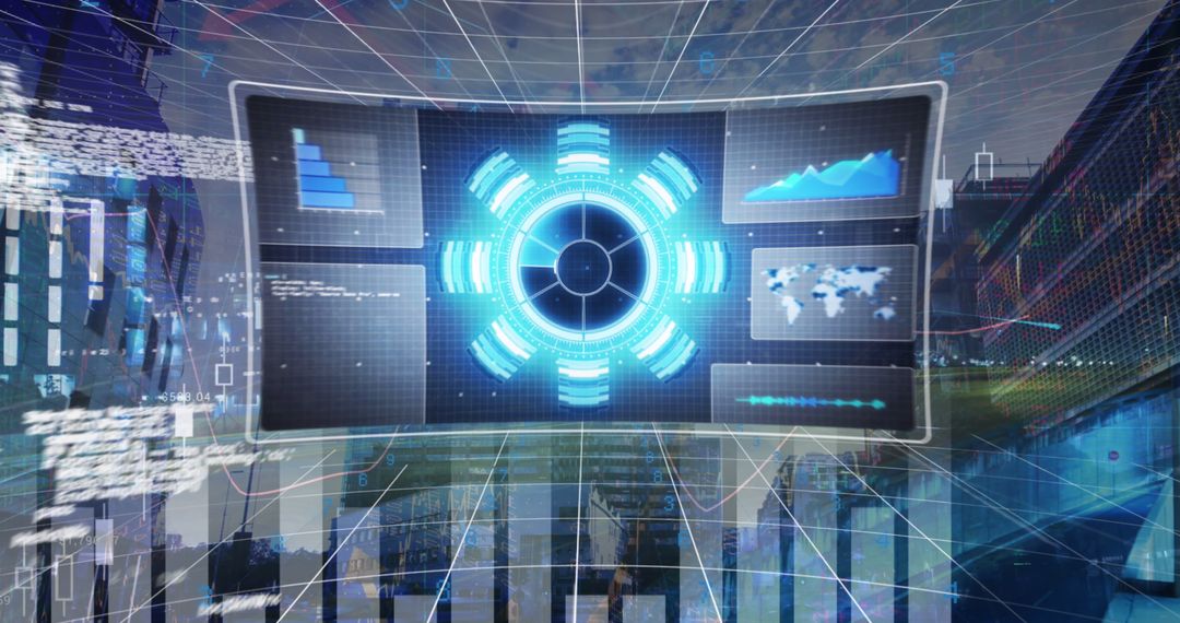 Digital Interface with Data Visualizations over Cityscape