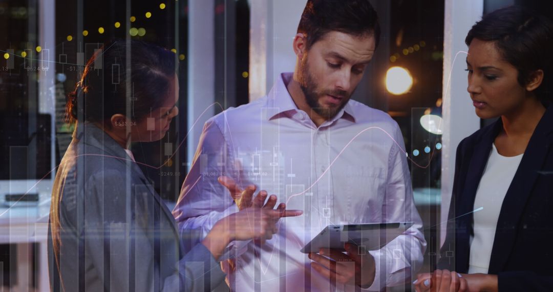 Business Team Analyzing Data Using a Tablet with Digital Geometric Overlay