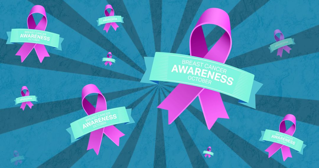Breast cancer awareness graphic with pink ribbons and blue background