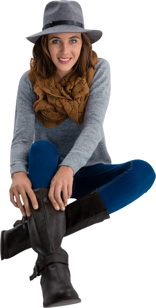 Smiling Young Woman in Trendy Hat and Boots on Transparent Background