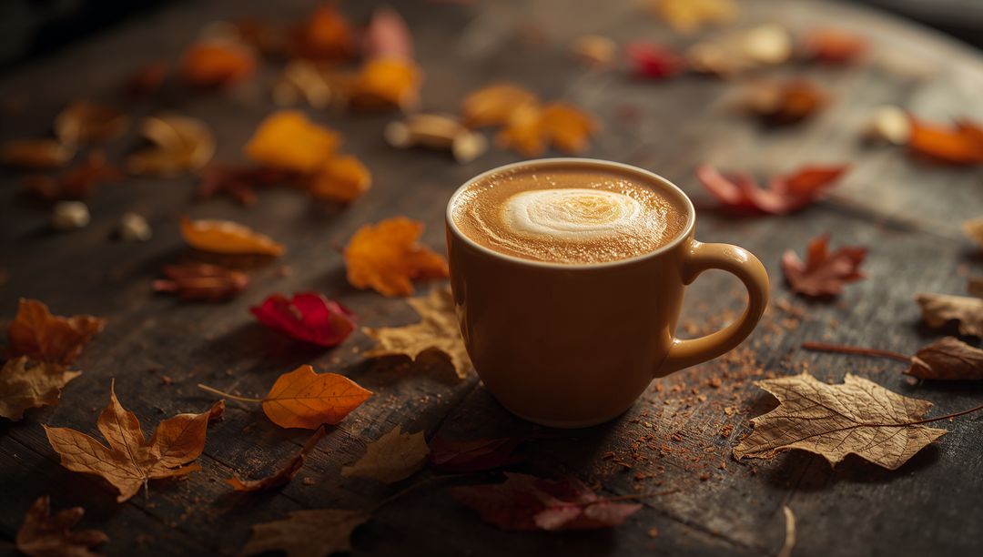 Cozy Autumn Latte Art in Rustic Cafe Setting with Colorful Leaves