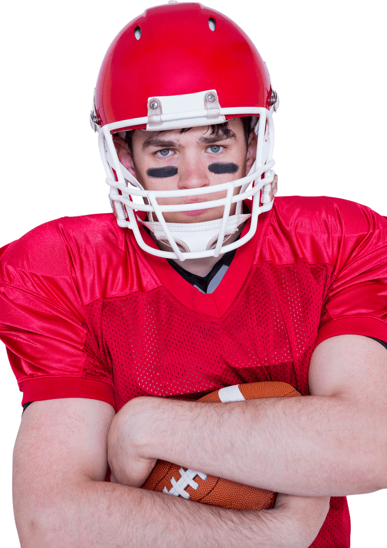 American Football Player in Red Uniform with Strong Stance and Helmet on Transparent Background