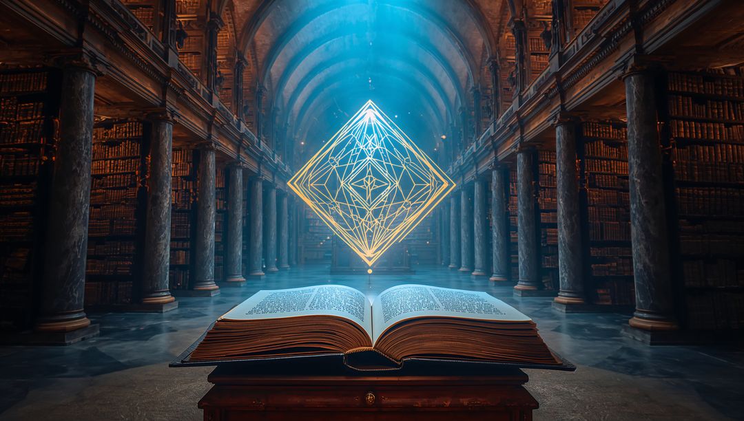 Glowing Geometric Shape Hovering in Grand Library