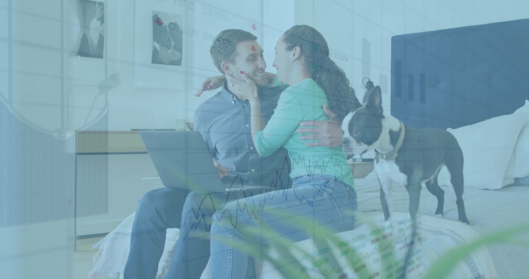 Financial Data Overlay with Affectionate Couple and Dog