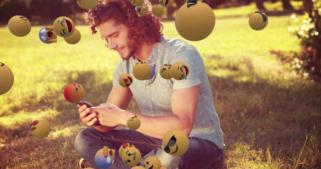 Man Relaxing in Park with Floating Emojis While Using Smartphone