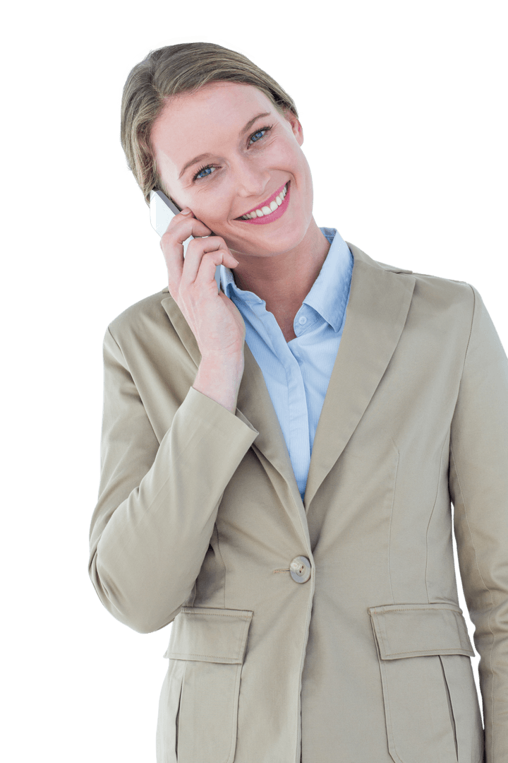 Transparent Businesswoman Taking Mobile Call Smiling Confidently