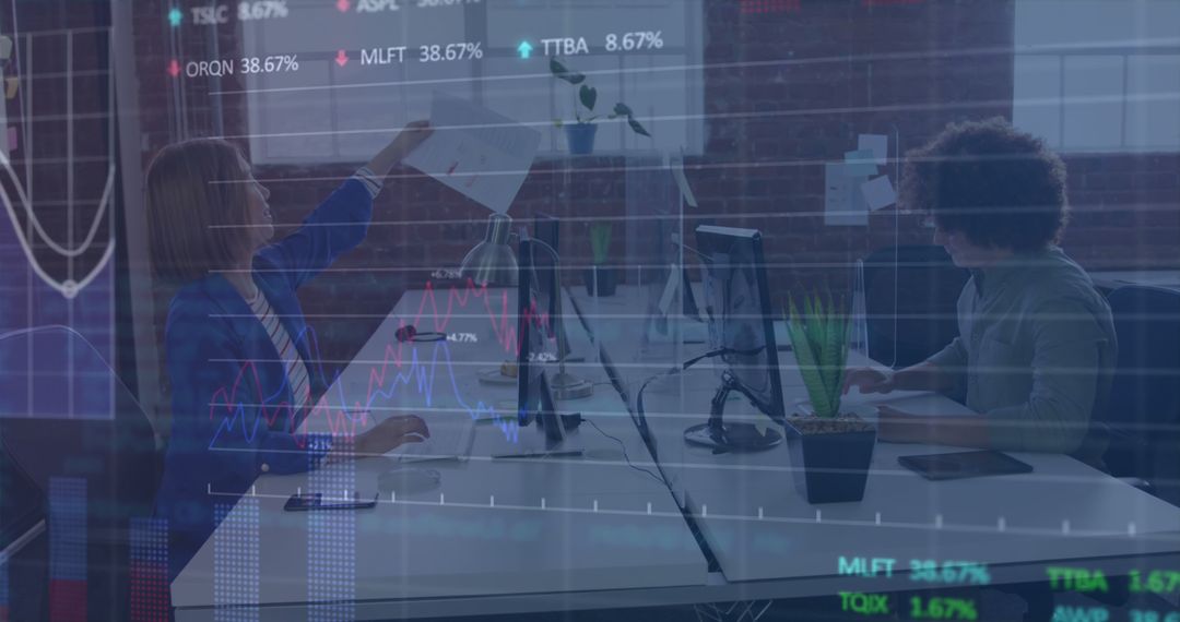 Financial Data Overlaid on Diverse Business Team in Office