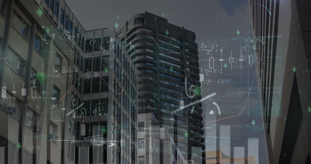 Mathematical Formulas Overlay on Urban Cityscape Symbolizing Innovation