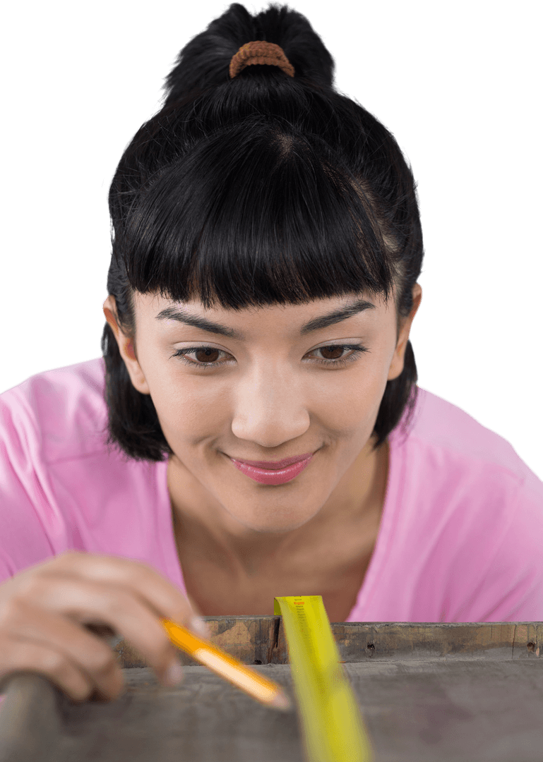 Transparent Background: Woman Measuring Wooden Plank with Tape