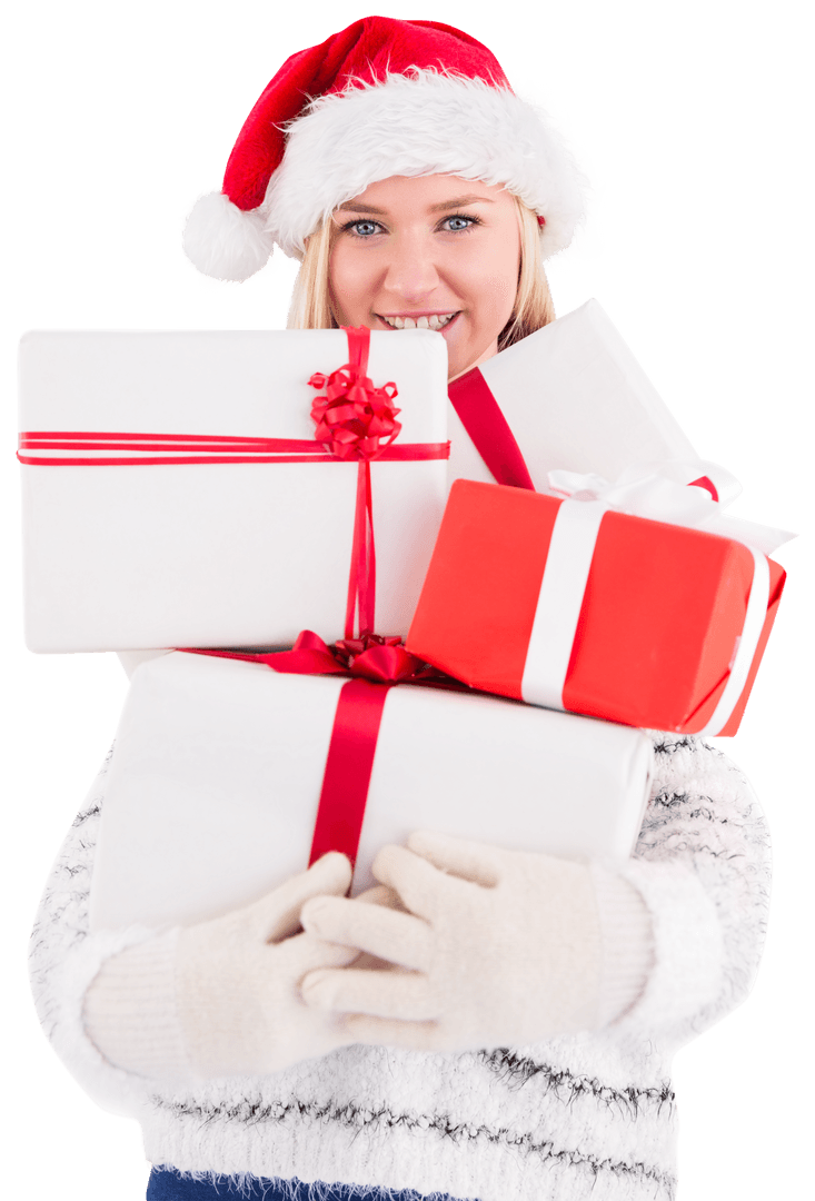 Festive Blonde Holding Stack of Gifts in Transparent Background