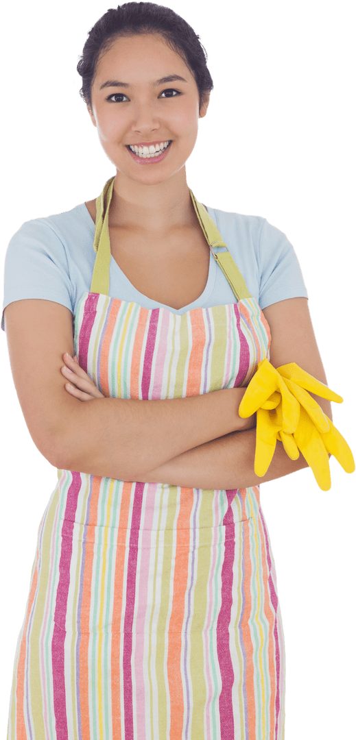 Cheerful Woman Holding Rubber Gloves in Striped Apron on Transparent Background