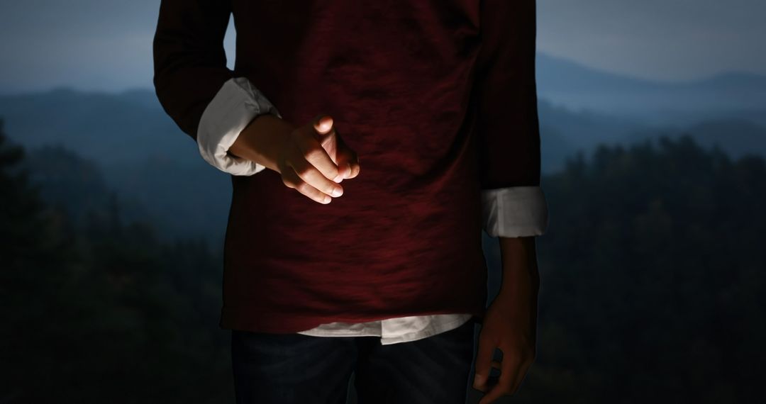 Teenager Exploring Forest Night with Flashlight