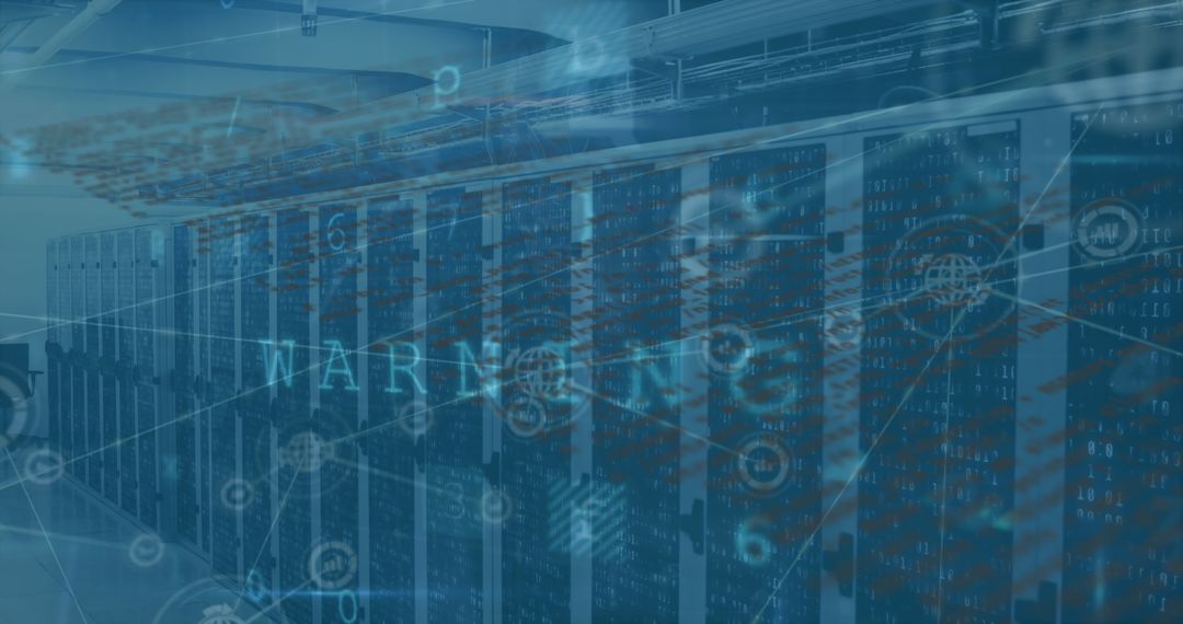 Server Racks in Data Center with Cybersecurity Warning Overlay