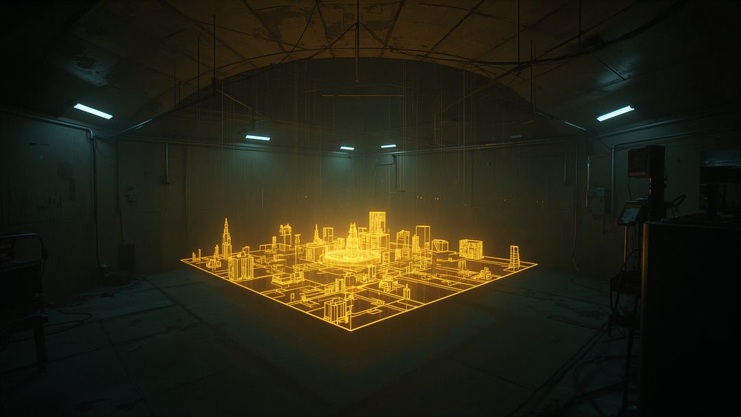 Holographic City Model Floating in Abandoned Industrial Bunker