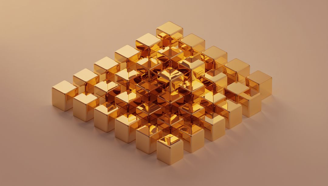 Golden Cubes Forming Stepped Pyramid with Glossy Reflections and Minimal Geometric Grid