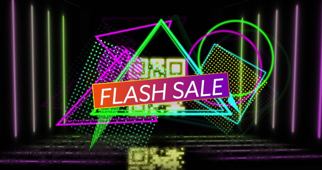 Neon Flash Sale Banner with QR Code and Vibrant Lights