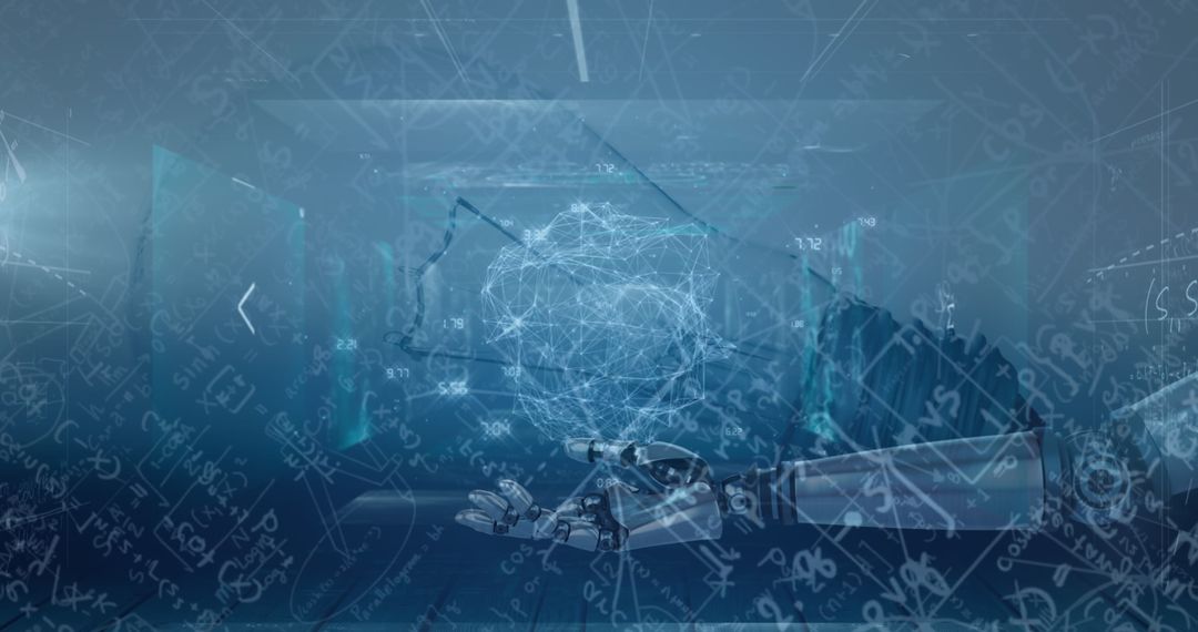 Futuristic Cybernetic Hand and Digital Calculations Interface