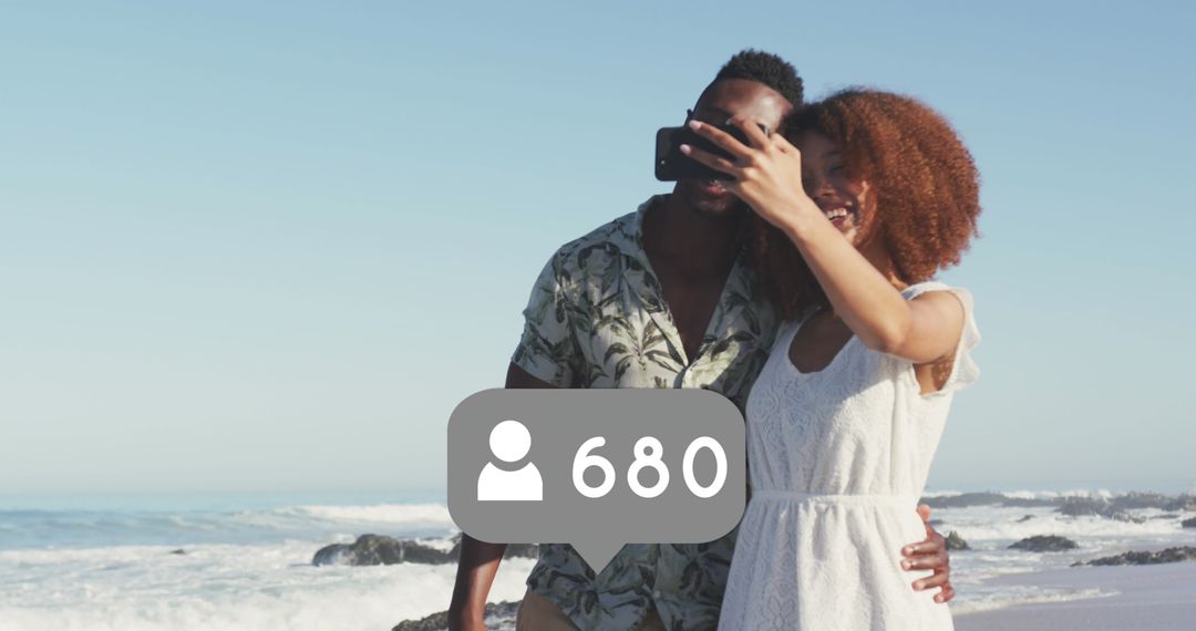 Couple Taking Beach Selfie with Social Media Follower Count