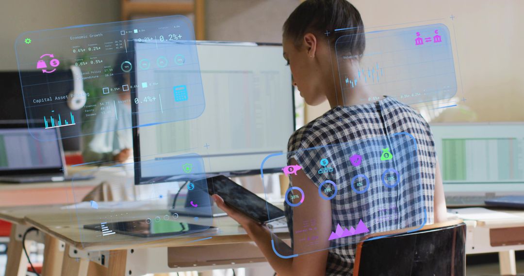 Female Data Analyst Reviewing Tablet with Holographic Analytics Overlays in Modern Workspace