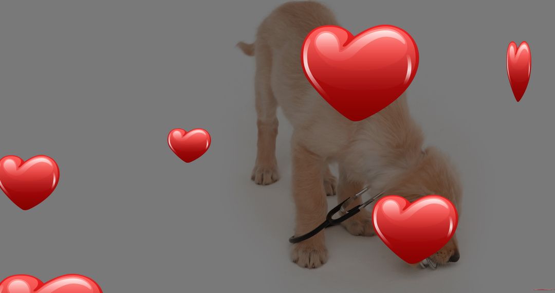 Golden Retriever Puppy Playing with Red Heart Accents