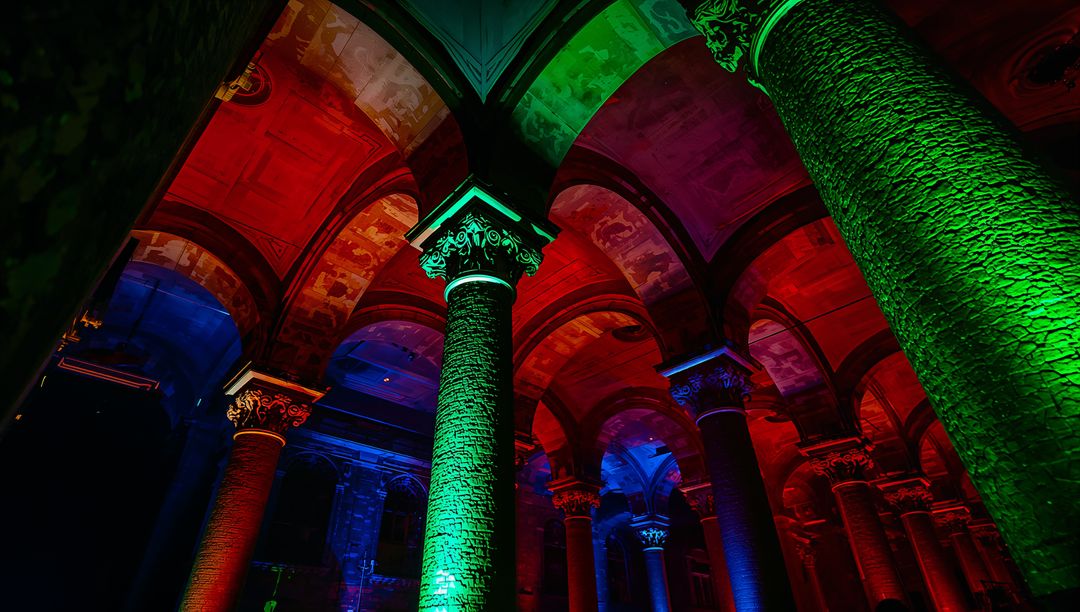 Illuminating Gothic Vaults and Stone Columns with Dramatic Multicolor Uplighting