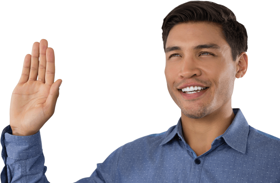 Transparent Smiling Businessman Waving Hand in Greeting Gesture