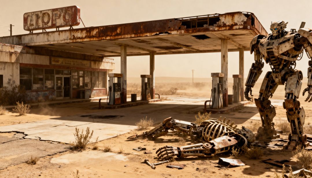 Rusting Battle-Scarred Robot Standing Guard at Abandoned Desert Gas Station