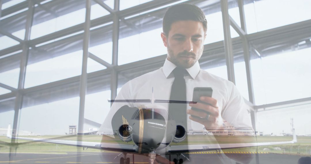 Businessman Using Smartphone with Airplane Superimposed in Terminal