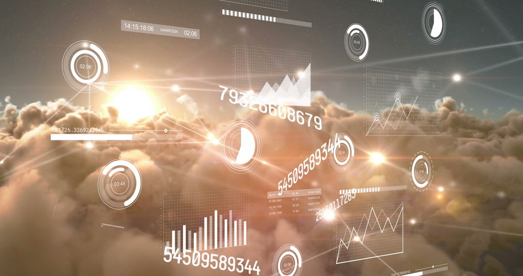 Digital Data Visualization Concept over Scenic Cloudy Sky at Sunset