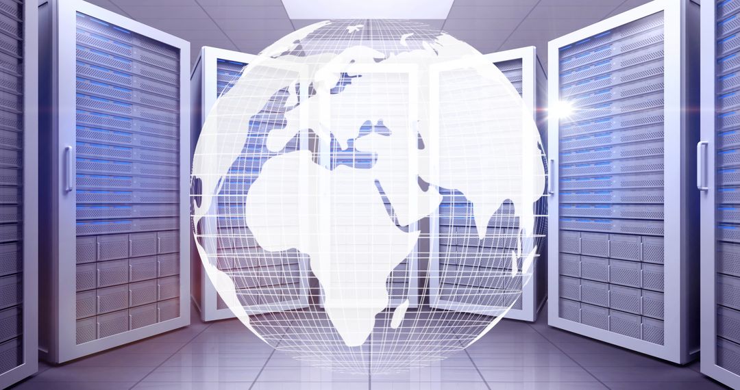 Digital Globe Overlay on Server Racks Illustrating Global Networking - Free Images, Stock Photos and Pictures on Pikwizard.com