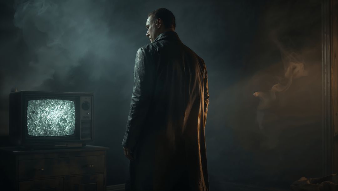 Mysterious Man in Gritty Room with Vintage CRT Displaying Static