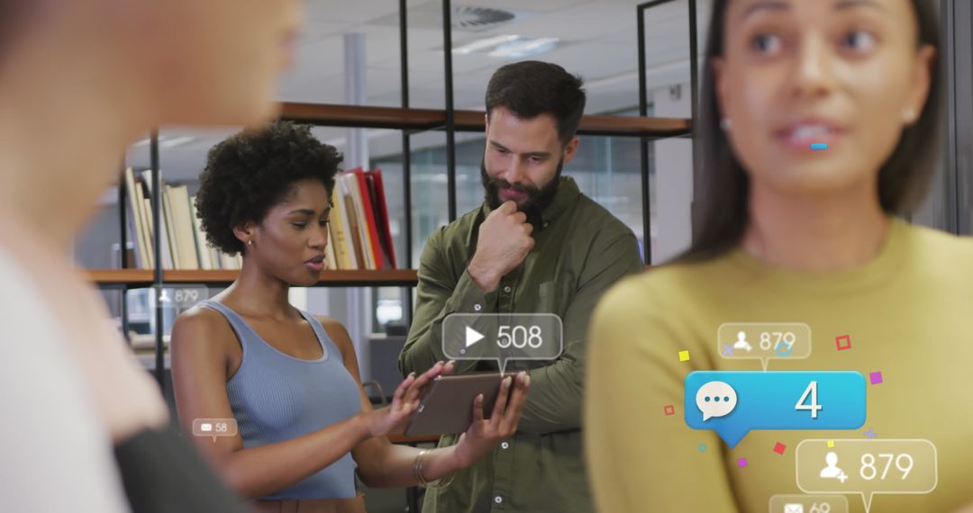 Diverse Team Discussing Social Media Strategy in Modern Office