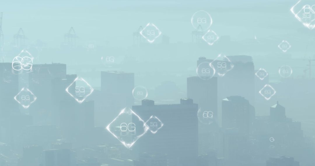 Futuristic Cityscape with 5G and 6G Network Graphics
