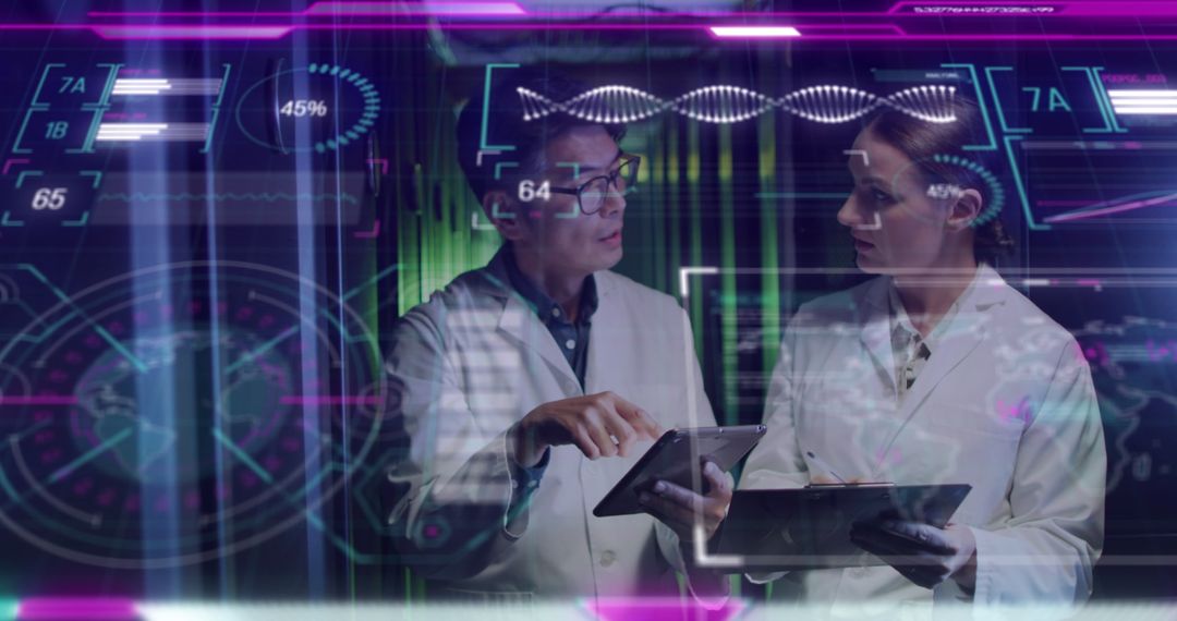 Scientists Analyzing Data with Futuristic Digital Interfaces