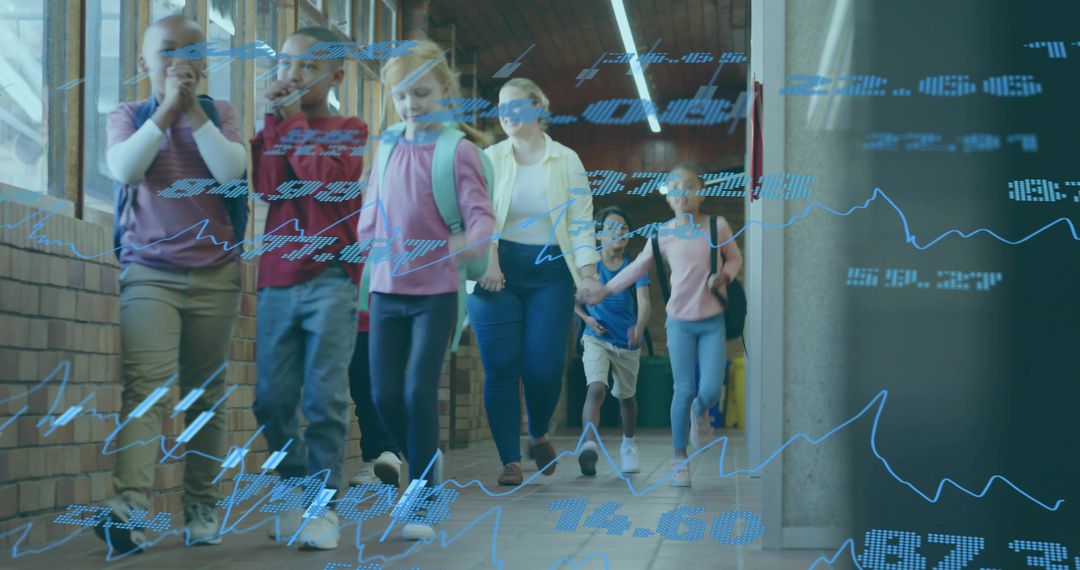 Teacher Leading Diverse Schoolchildren Walking in Hallway with Digital Data Overlay